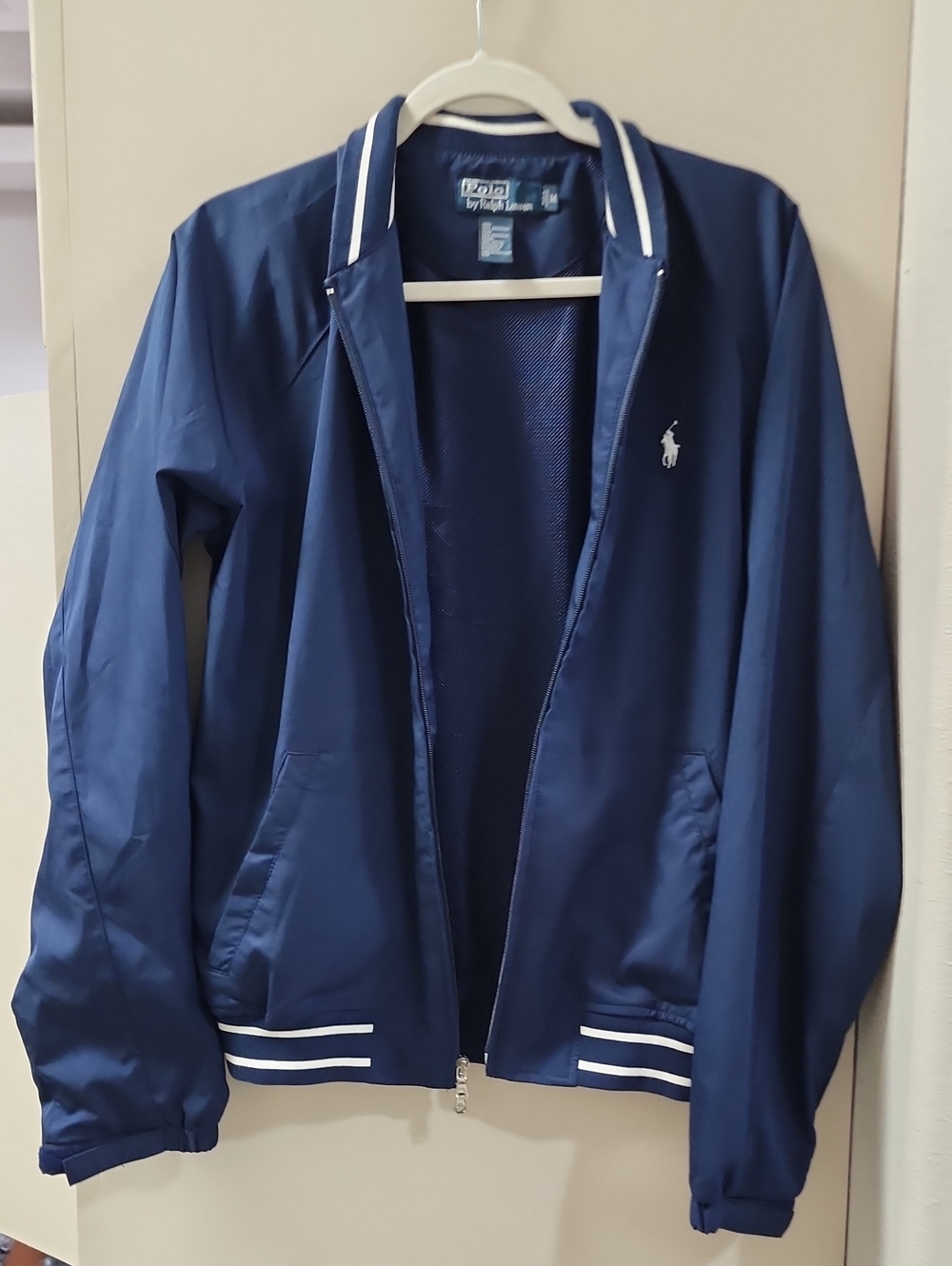 Polo by Ralph Lauren Navy Blue Men's Bomber Jacket with White Trim